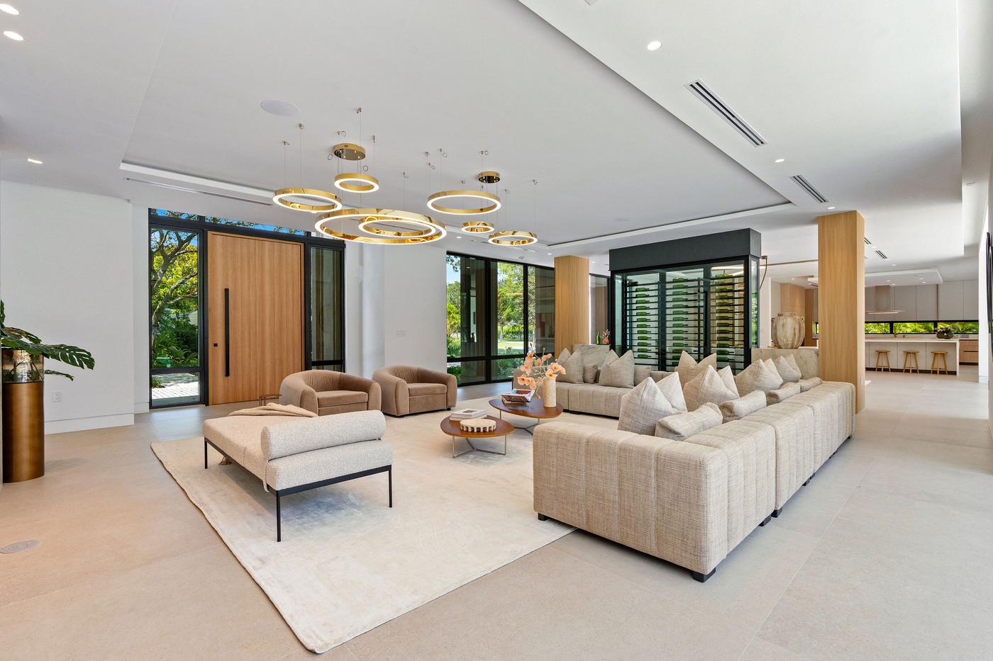 Living room with ring chandeliers