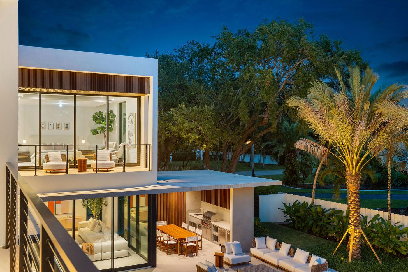 Twilight view of the residence at dusk