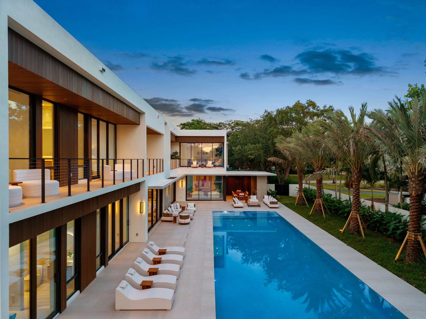Twilight aerial of the pool